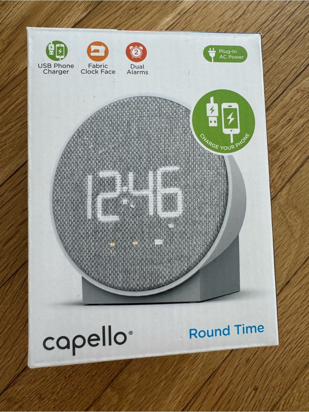 Capello Gray Round Time Table Clock with USB Charging Plug